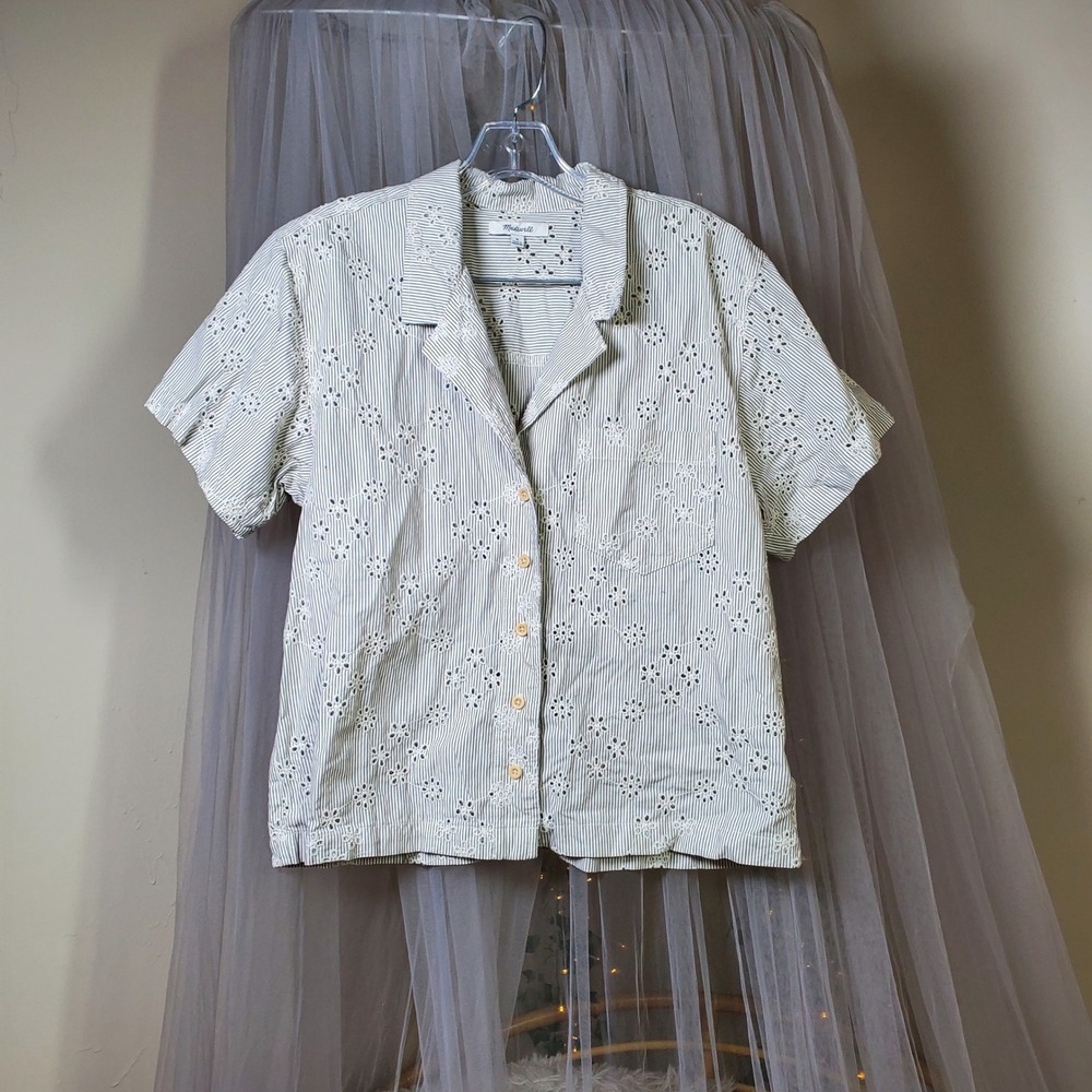 Madewell Bohemian Floral Eyelet Coastal Top Stripe Cottagecore Size M Button Up - Picture 3 of 5